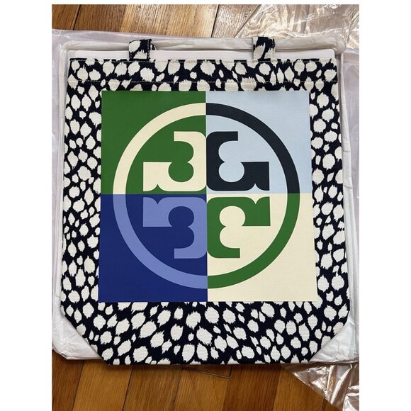 New Tory Burch Colorblock Logo Navy Snow Leopard Canvas Tote Bag Navy Green M - Picture 3 of 10